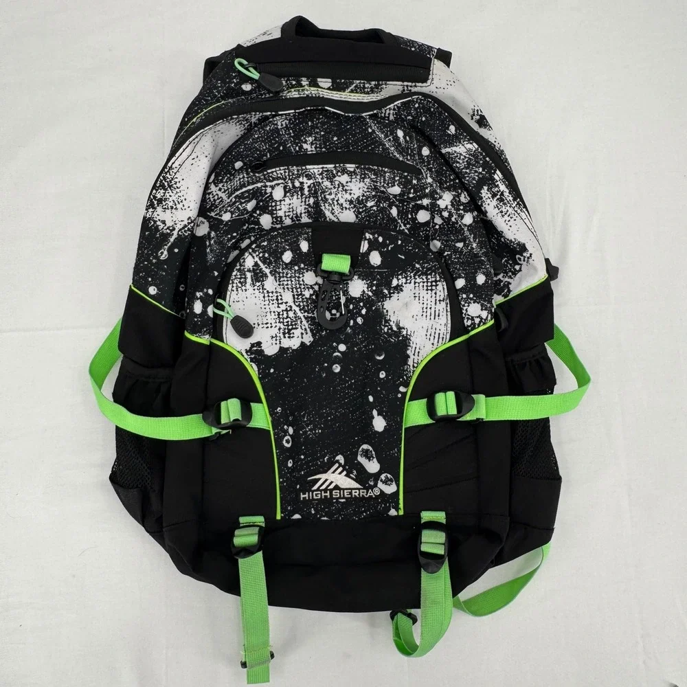 High Sierra Loop Backpack Black White Splash Lime Green Suspension Strap Bookbag